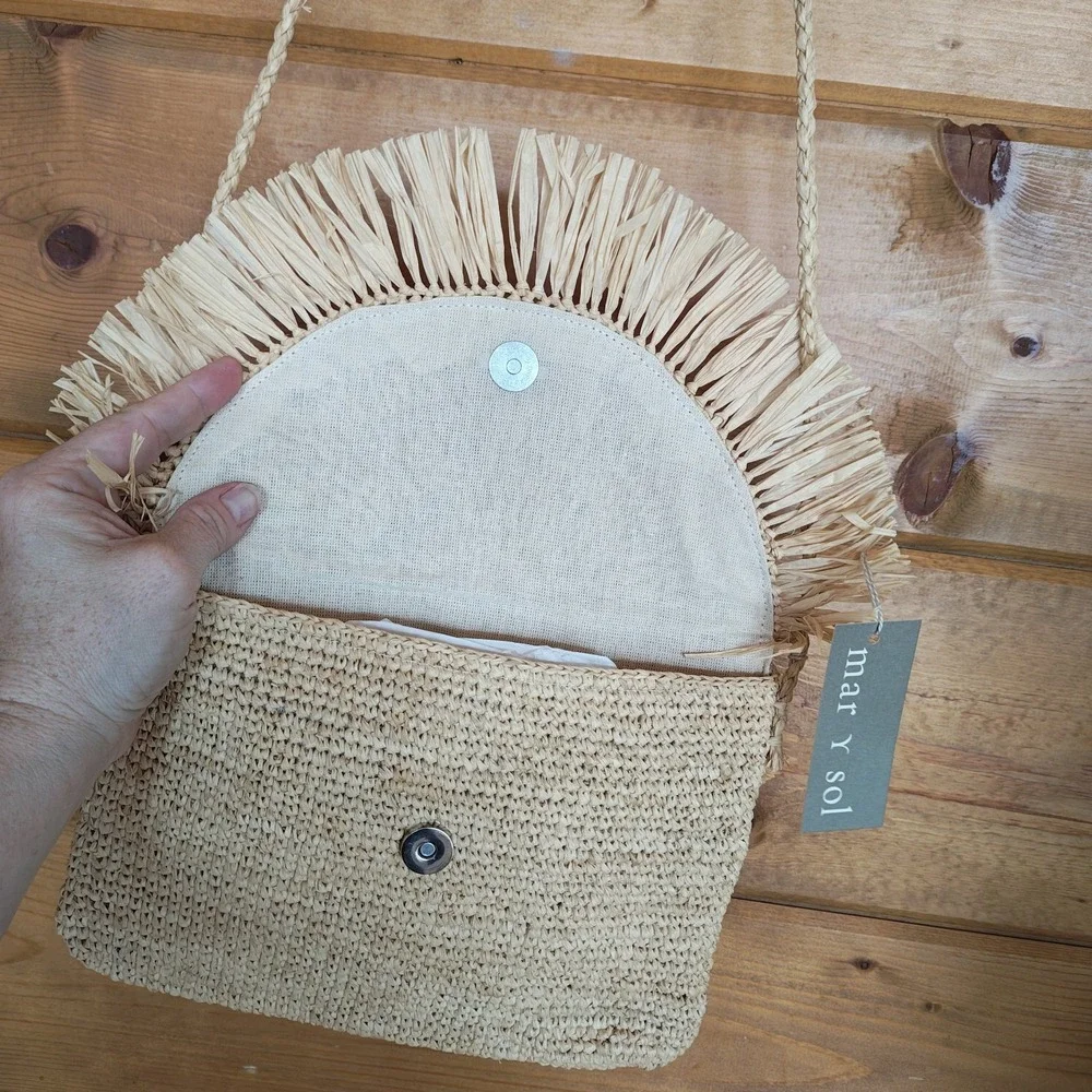 Mar Y Sol NWT Mia Raffia Handmade Clutch Bag Crossbody Purse Boho Fringe Coastal